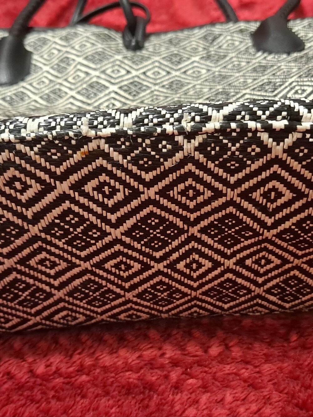 Nieman Marcus Black & White Geometric Tote Bag with Pink Pom Accent - Picture 7 of 9